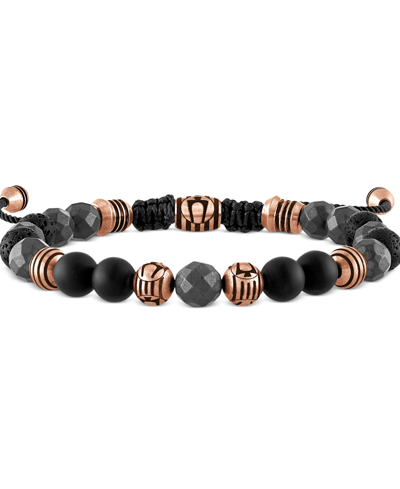 Bulova Rose Gold-tone Ip Stainless Steel Black Onyx Beaded Cord Slider Bracelet In Rose Gold Tone