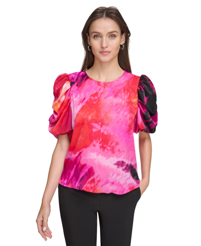 Dkny Womens Crewneck Printed Pullover Top In Shocking Pink Multi