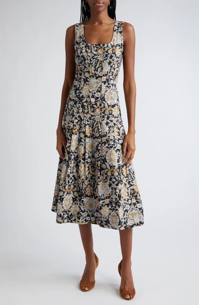 Veronica Beard Jolie Printed A-line Midi Dress In Black Multi