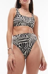 Topshop Abstract Print High Waist Bikini Bottom In Monochrome-black In Black