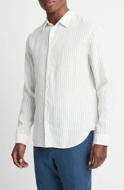 Vince Bayside Stripe Linen Button-up Shirt In Optic White/deep Indigo