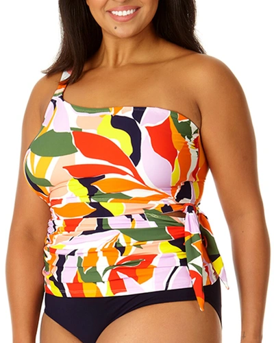 Anne Cole Womens Printed Twist Front Bandeaukini Solid High Waisted Bottoms In Multi Palm Print