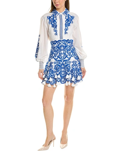 Alice And Olivia Loryn Tasseled Embroidered Cotton-voile Mini Shirt Dress In Blue