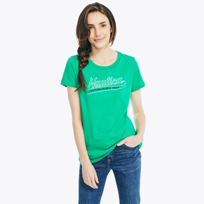 Nautica Womens Embroidered Metallic Foil Logo T-shirt In Green