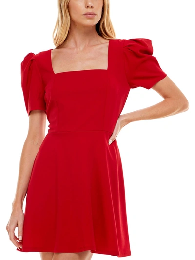 Speechless Womens Square Neck Puff Sleeves Fit & Flare Dress In Red
