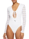 Simkhai Birdie Crochet Lace Long-sleeve One-piece Swimsuit In White