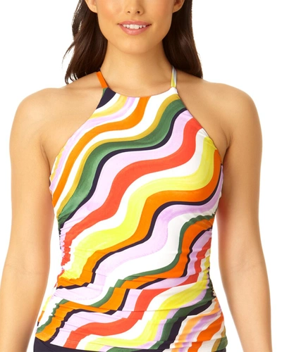 Anne Cole Womens Printed High Neck Tankini High Waisted Solid Bottoms In Painterly Stripe