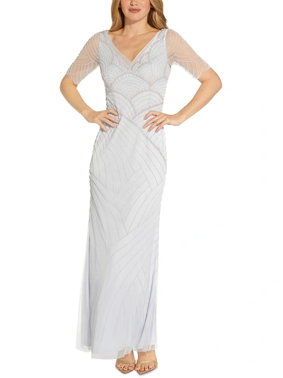 Adrianna Papell Womens Mesh Embellished Evening Dress In White