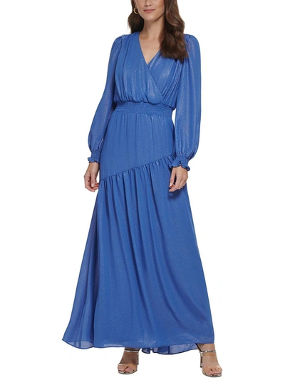 Dkny Womens Smocked Long Evening Dress In Blue