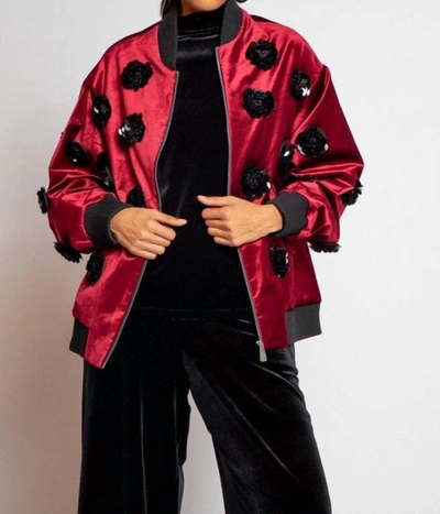 Eva Franco Velvet Floral Embroidered Bomber Jacket In Burgundy In White