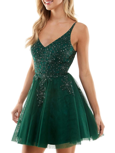 Tlc Say Yes To The Prom Juniors Womens Embellished Mini Fit & Flare Dress In Green