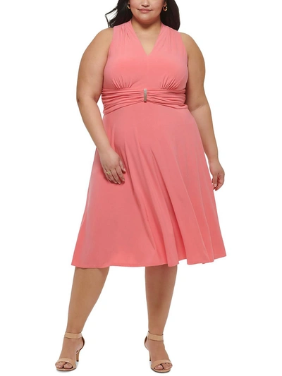 Jessica Howard Plus Womens V Neck Long Fit & Flare Dress In Pink