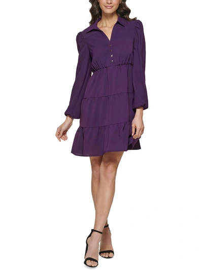 Kensie Collared Tiered Shift Dress In Eggplant