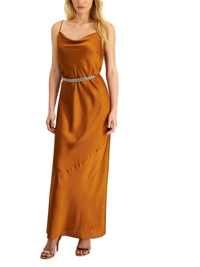 Donna Karan Astra Gaze Womens Satin Drape Neck Slip Dress In Brown