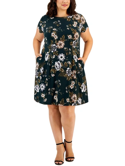 Connected Apparel Plus Womens Floral Wide Neck Fit & Flare Dress In Green