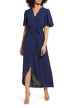Fraiche By J Flutter Sleeve Faux Wrap Maxi Dress In Navy