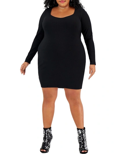 Bar Iii Plus Womens Ribbed Knit Wide Neck Bodycon Dress In Black
