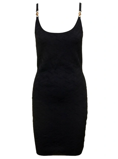VERSACE BLACK KNITTED DRESS WITH LA GRECA MOTIF ALL-OVER IN VISCOSE WOMAN
