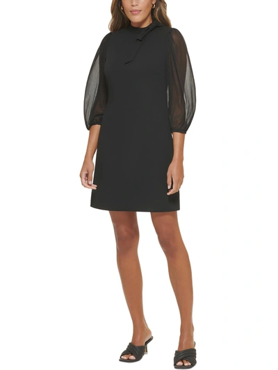 Calvin Klein Puff-sleeve Tie-neck Sheath Dress In Black