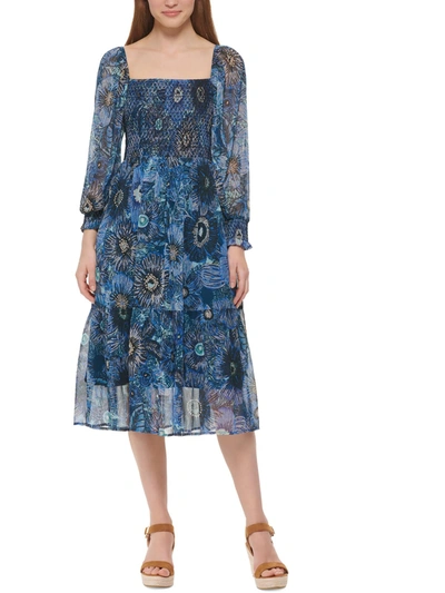 Vince Camuto Petites Womens Smocked Print Midi Dress In Blue