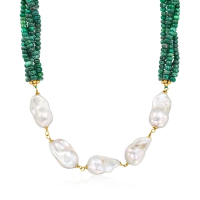 Ross-simons 24x13mm Cultured Baroque Pearl And Emerald Bead Necklace In 18kt Gold Over Sterling In Green