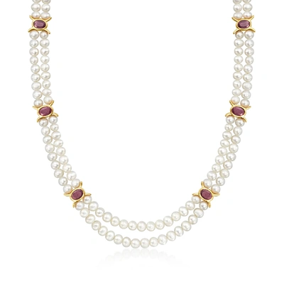 Ross-simons 4.5-5.5mm Cultured Pearl And Ruby Station Necklace In 18kt Gold Over Sterling In Silver