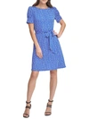DKNY PETITES WOMENS BELTED PUFF SLEEVES FIT & FLARE DRESS