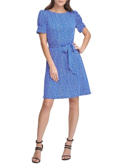 Dkny Petites Womens Belted Puff Sleeves Fit & Flare Dress In Blue