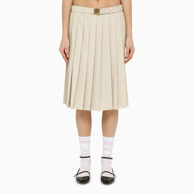 Miu Miu Natural-coloured Pleated Midi Skirt In Wool In Neutral