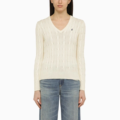 Polo Ralph Lauren Cream-coloured Cotton Cable-knit Sweater With Logo In Beige