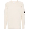 C.p. Company Men White Crewneck Sweater With Logo Plaque On The Sleeve In Wool Blend Man In Neutrals