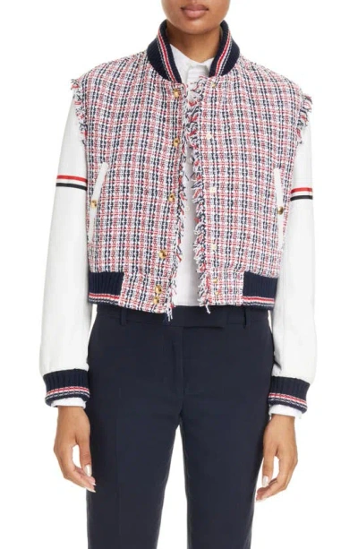 Thom Browne Check Tweed & Leather Varsity Jacket In Red White Blue