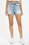 Daze The Knockout High Waist Cutoff Denim Shorts In Blue