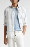 Eleventy Plaid Cotton Button-up Shirt In White And Denim