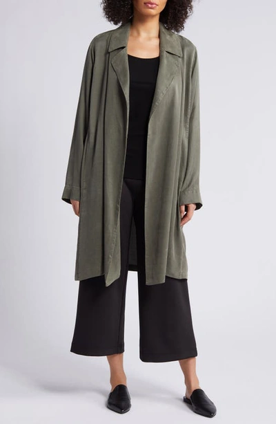 Eileen Fisher Notched Lapel Longline Coat In Grove