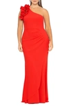 Xscape Ruffle Detail One-shoulder Sheath Gown In Red
