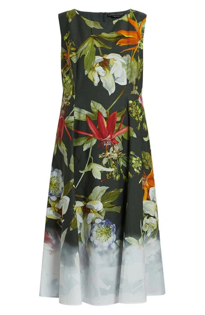 MARINA RINALDI TRENTO PLACED FLORAL SLEEVELESS COTTON POPLIN DRESS