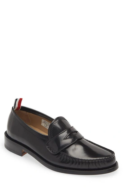 Thom Browne Soft Patent Leather Varsity Penny Loafer In Black