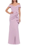 XSCAPE XSCAPE EVENINGS OFF THE SHOULDER RUFFLE SCUBA GOWN