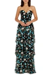 Dress The Population Layana Floral Embroidery Strapless Gown In Turquoise Multi