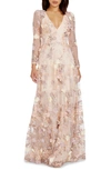 DRESS THE POPULATION ANGELINA FLORAL EMBROIDERY LONG SLEEVE GOWN