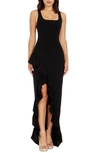 Dress The Population Charlene Square-neck Ruffle Side-slit Gown In Black