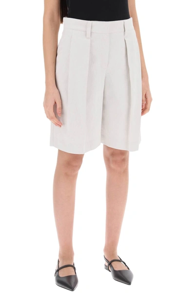 Brunello Cucinelli Bead-embellished Cotton And Linen-blend Drill Shorts In Chalk