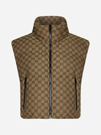 Gucci Gg Padded Fabric Down Vest In Camel,ebony