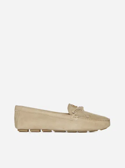 Prada Suede Bow Driver Loafers In Ecru