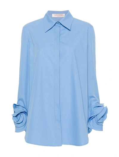 Valentino Floral-appliqué Poplin Shirt In Blue
