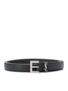 Saint Laurent Cassandre Narrow Hammered Leather Belt With Square Buckle In Black