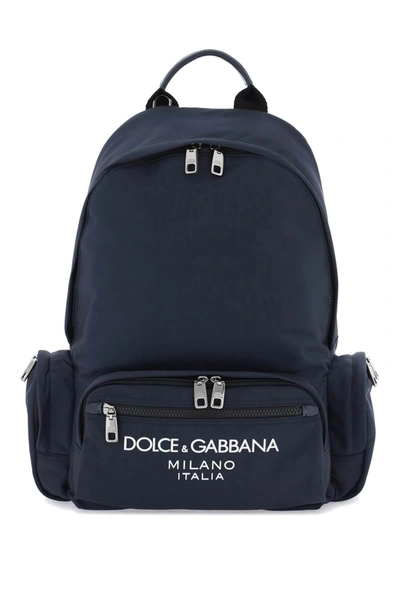 Dolce & Gabbana Nylon Backpack With Logo Men In Blue