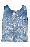 TRULY ME KIDS' EMBROIDERED SLEEVELESS DENIM TOP