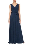 ALEX EVENINGS TIE WAIST METALLIC SLEEVELESS GOWN